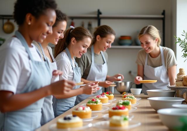 お菓子教室で参加者が楽しそうにケーキを作っている様子