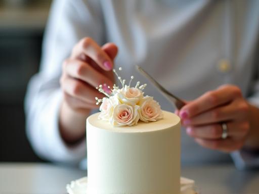パティシエがウェディングケーキに繊細な花の飾り付けをしている